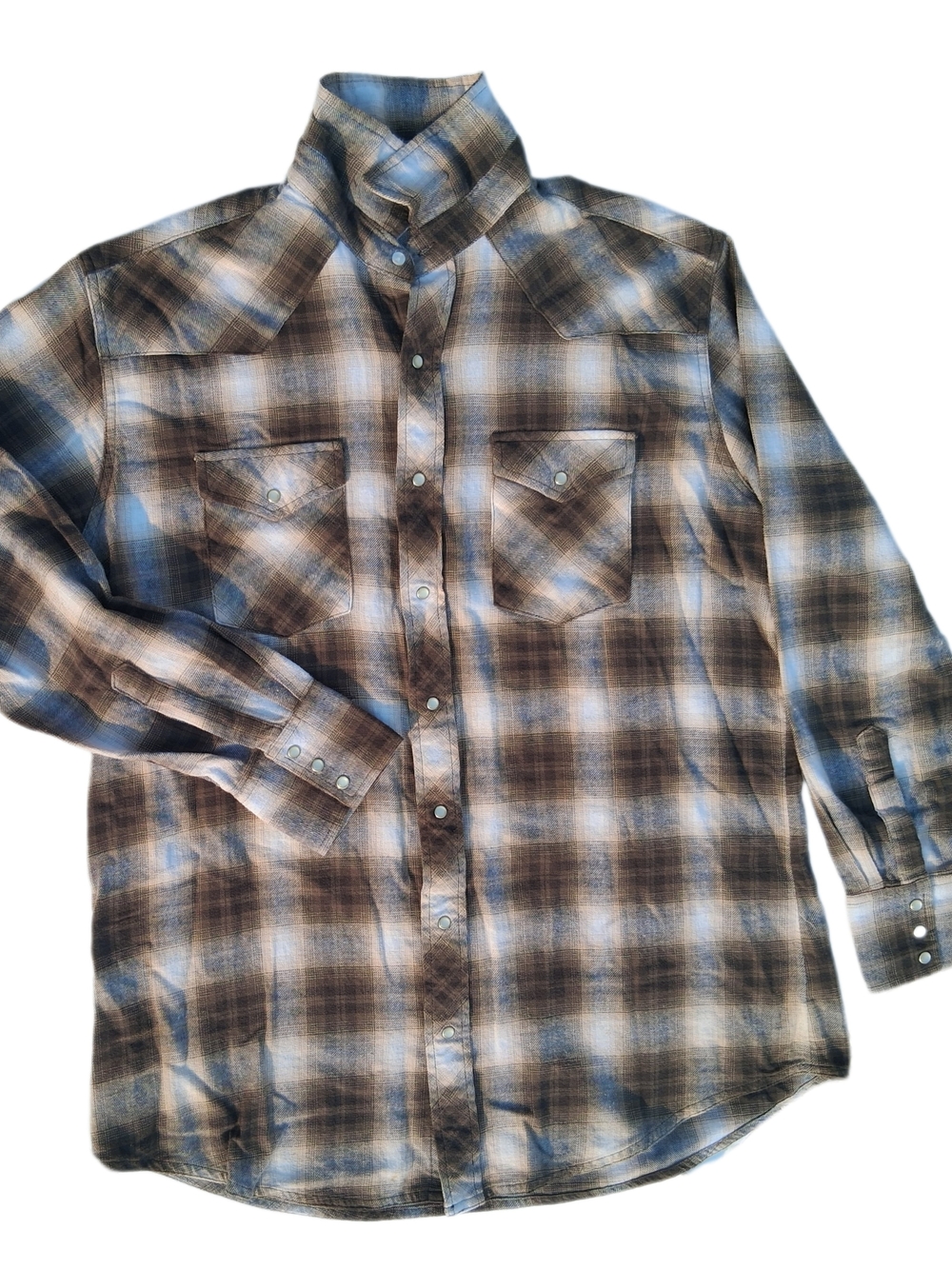 Wrangler Wrancher Men's XLT Pearl Snap Western Plaid Shirt Brown Blue